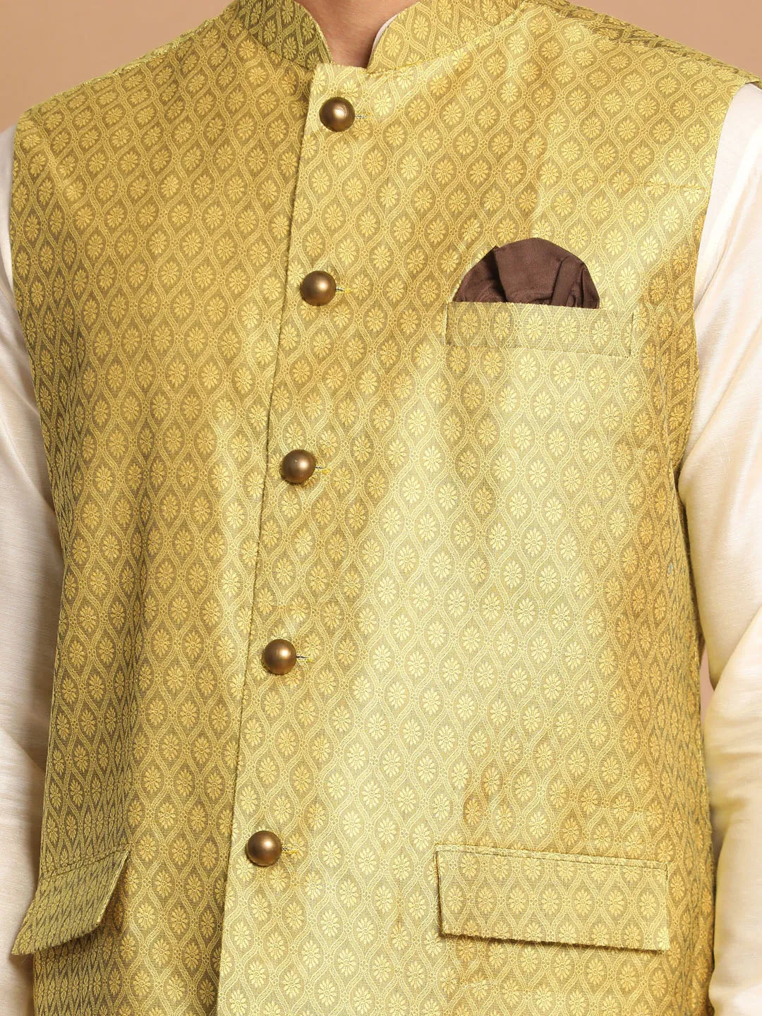 VASTRAMAY Yellow Woven Jacket With Cream Kurta and Pyjama Baap Beta Set