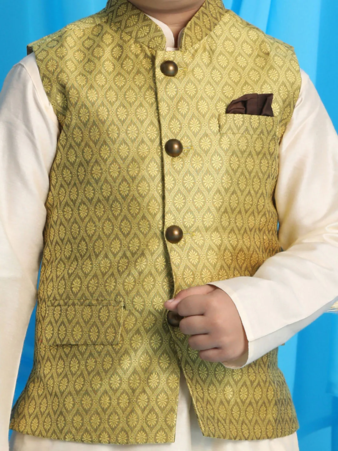 VASTRAMAY Yellow Woven Jacket With Cream Kurta and Pyjama Baap Beta Set