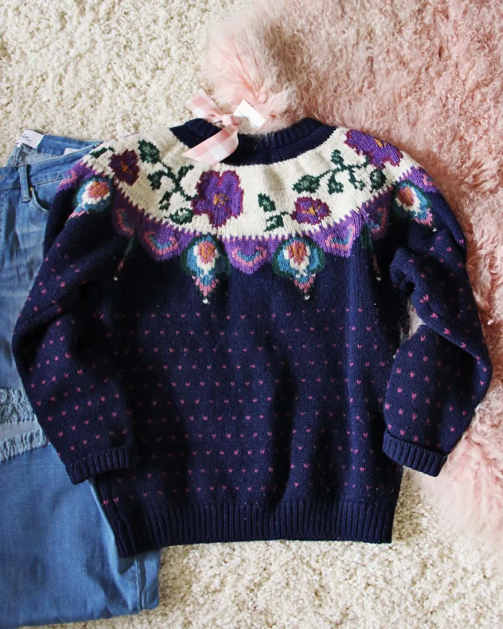 Vintage Heart & Floral Nordic Sweater