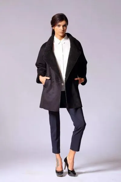 Women's Double Breasted Medium Long Winter Coat with Wool Inside