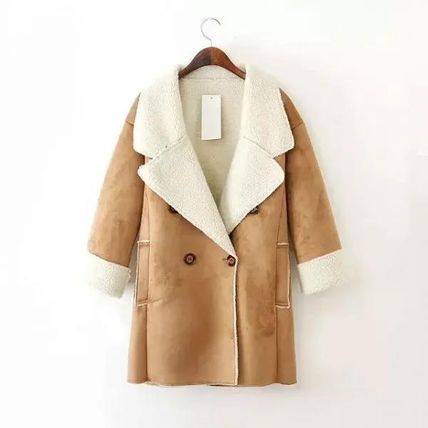 Women's Double Breasted Medium Long Winter Coat with Wool Inside