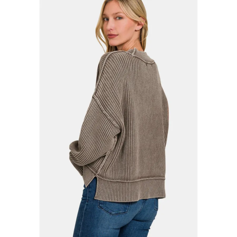 Zenana Exposed Seam Round Neck Dropped Shoulder Sweater