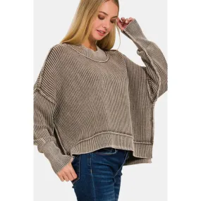 Zenana Exposed Seam Round Neck Dropped Shoulder Sweater