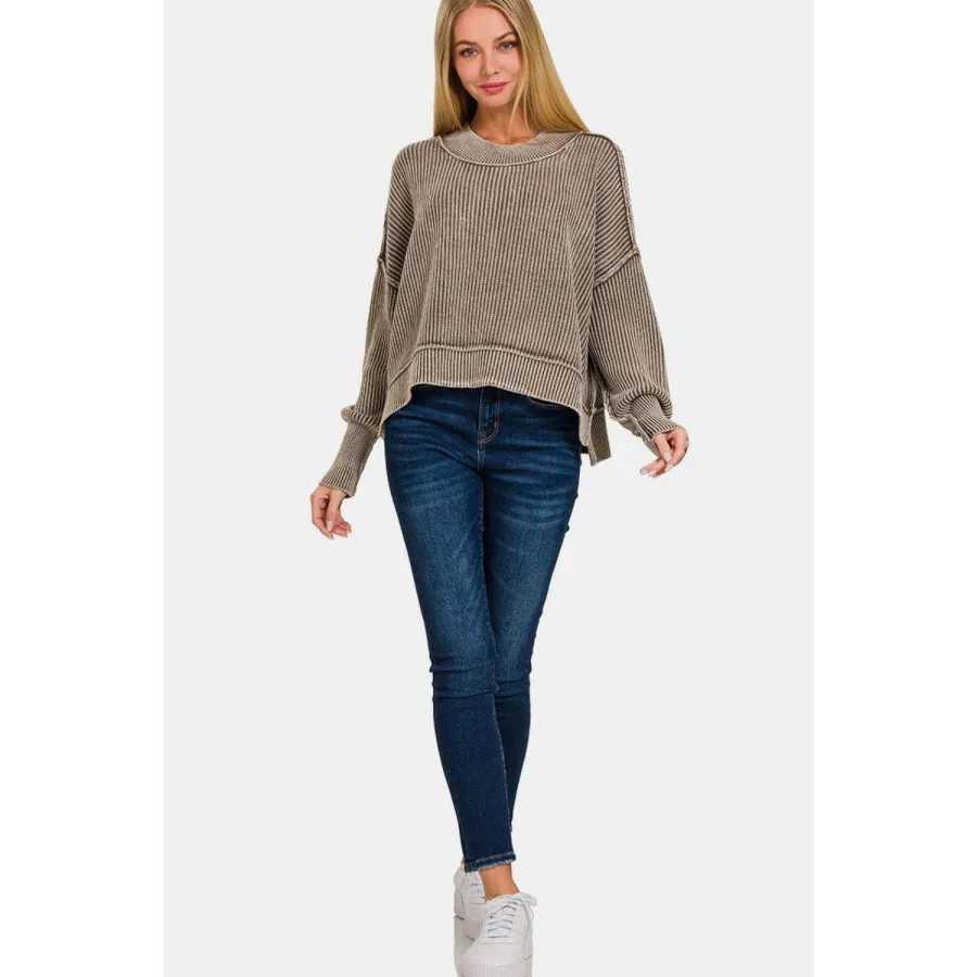 Zenana Exposed Seam Round Neck Dropped Shoulder Sweater